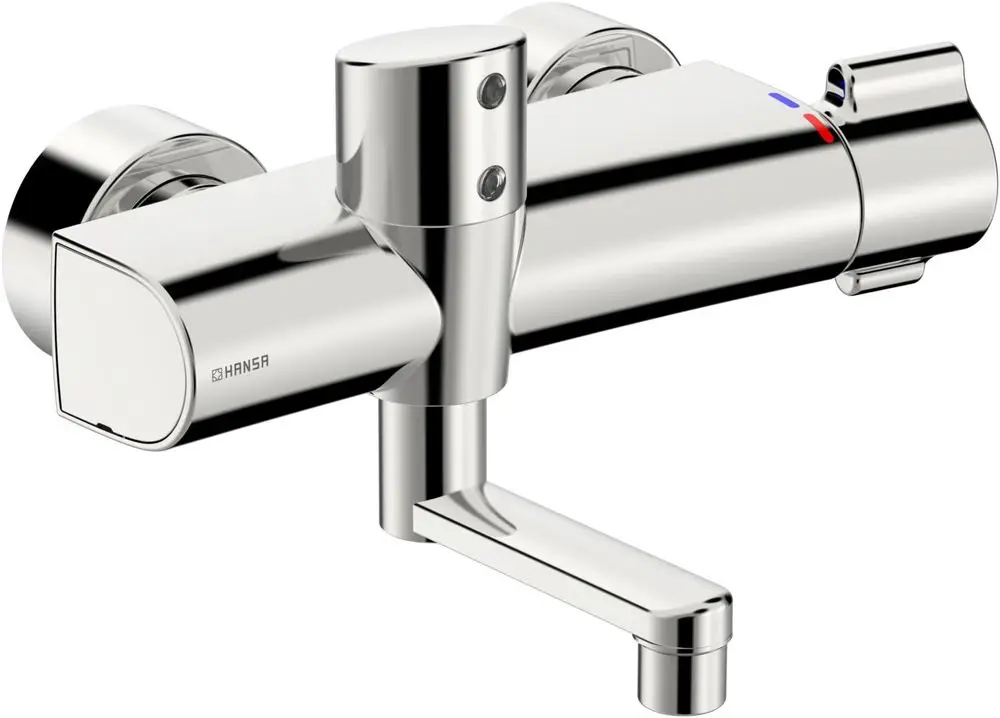 Waschtischbatterie von HANSA mit kontrollierbarem Wasserfluss. Ausführung in Chrom, mit einer Ausladung von 100 mm. Design für moderne Badezimmerumgebungen.